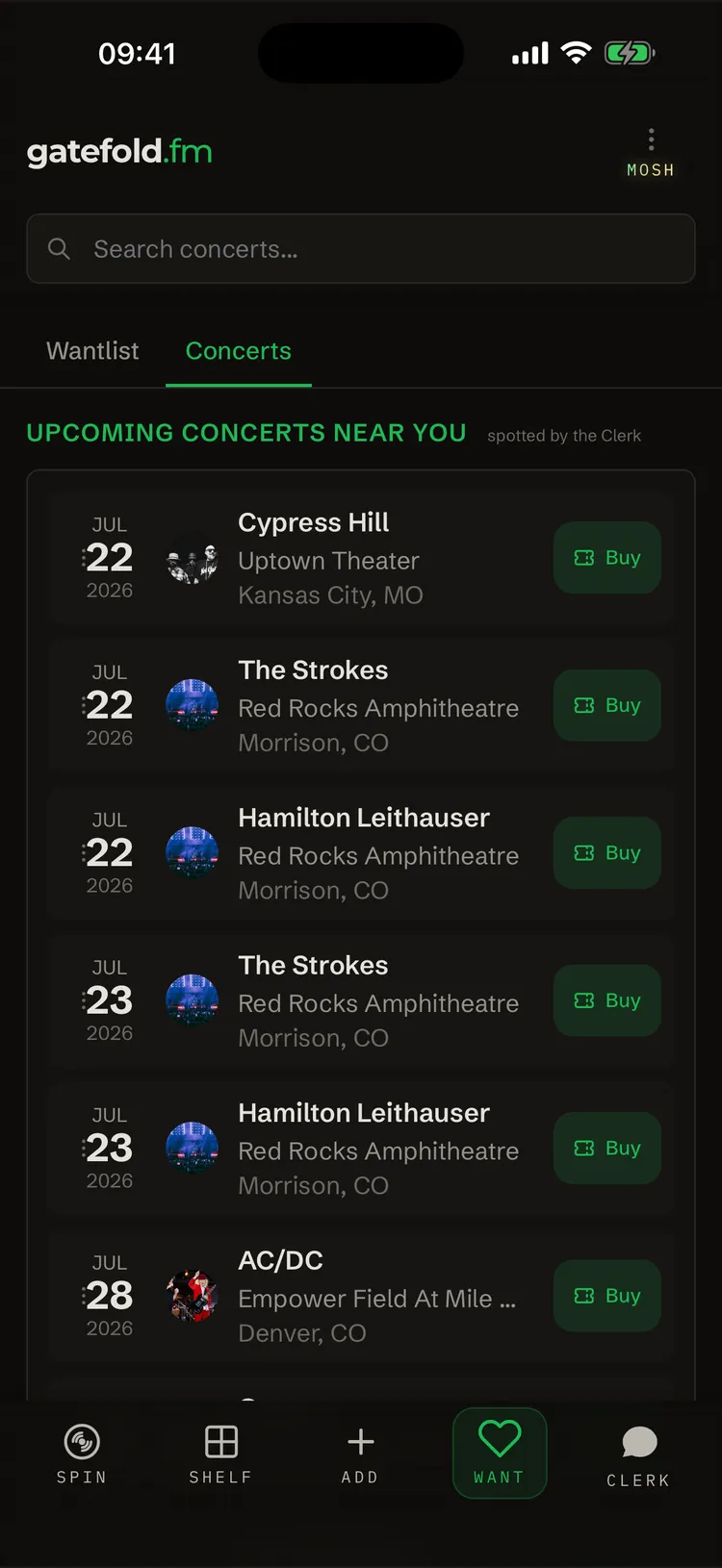 Concert alerts — artists from your shelf on tour near you, spotted by the Clerk