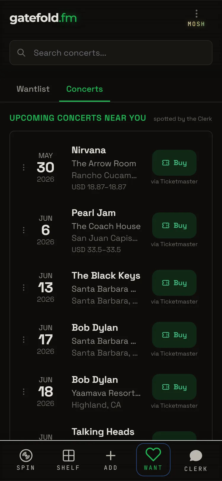 Concerts near you — spotted by the Clerk